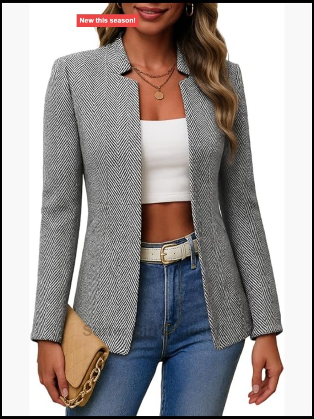 Women's Open Front Tweed Blazer Lightweight Fully Lined Work Office Jacket